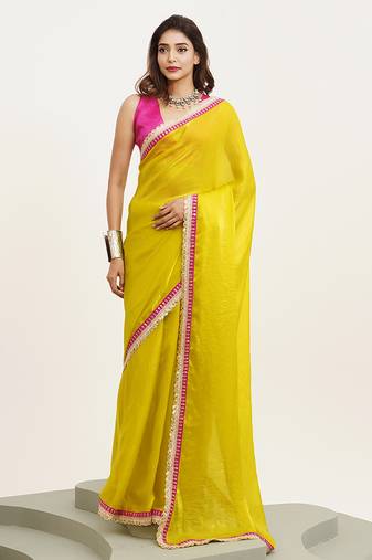Metallic yellow color beautiful partywear embellished sequinned satin saree