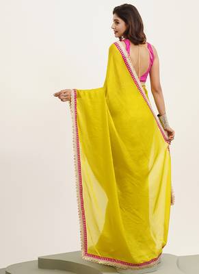 Metallic yellow partywear embellished sequinned satin saree 2