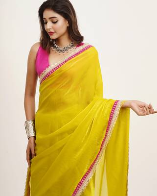 Metallic yellow partywear embellished sequinned satin saree 3