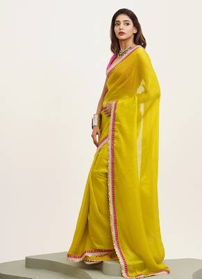 Metallic yellow partywear embellished sequinned satin saree 4