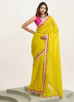 Metallic yellow partywear embellished sequinned satin saree 5