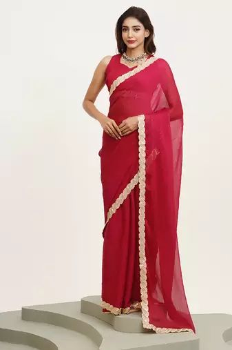 Red color beautiful partywear embellished sequinned chiffon saree