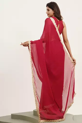 Red partywear embellished sequinned chiffon saree