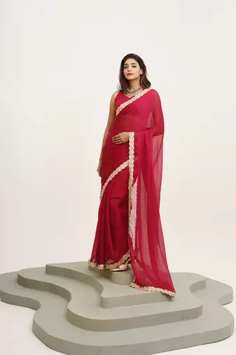 Red partywear embellished sequinned chiffon saree