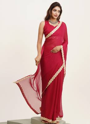 Red partywear embellished sequinned chiffon saree 5