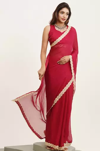 Red partywear embellished sequinned chiffon saree