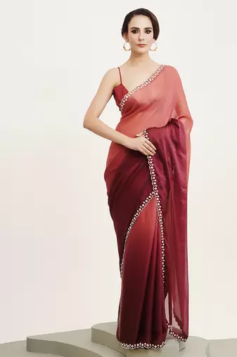 Maroon color beautiful partywear embellished beads and stones satin saree
