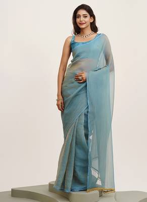 Turquoise blue partywear solid satin saree 1