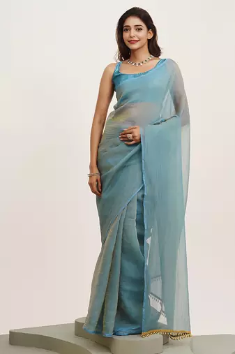 Turquoise blue color beautiful partywear solid satin saree