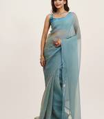 Turquoise blue color beautiful partywear solid satin saree