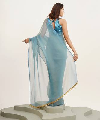 Turquoise blue partywear solid satin saree 2
