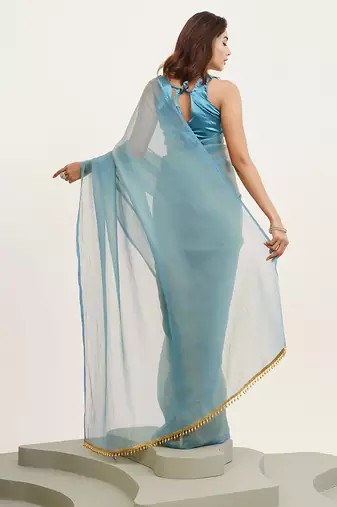Turquoise blue partywear solid satin saree