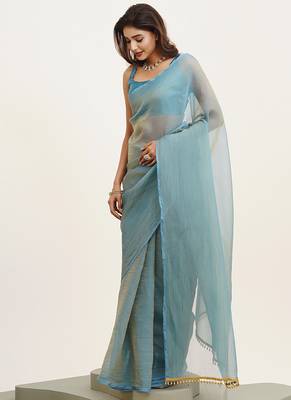 Turquoise blue partywear solid satin saree 4