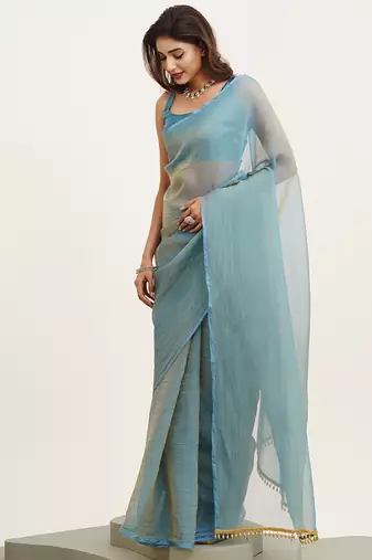 Turquoise blue partywear solid satin saree