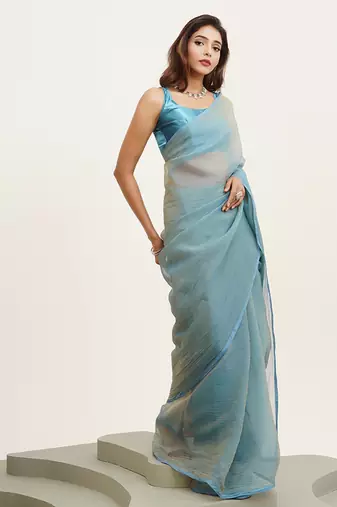 Turquoise blue partywear solid satin saree