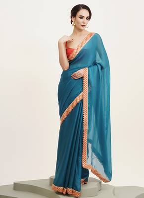 Teal partywear embellished sequinned chiffon saree 1