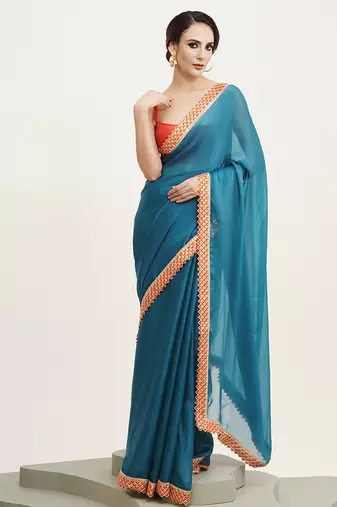 Teal color beautiful partywear embellished sequinned chiffon saree
