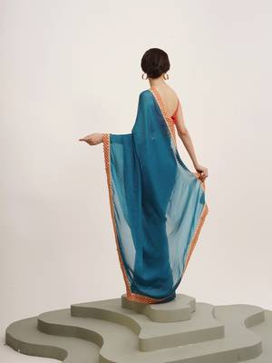 Teal partywear embellished sequinned chiffon saree 2