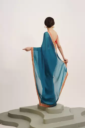 Teal partywear embellished sequinned chiffon saree
