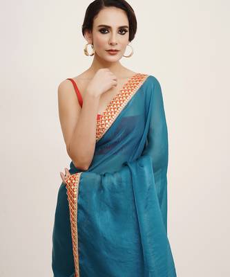 Teal partywear embellished sequinned chiffon saree 3