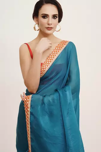 Teal partywear embellished sequinned chiffon saree