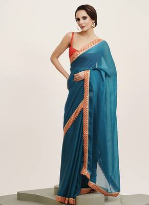 Teal partywear embellished sequinned chiffon saree 4
