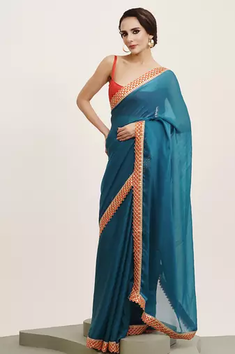 Teal partywear embellished sequinned chiffon saree