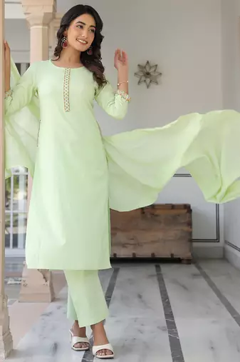 women's light green cotton embellished straight kurta set