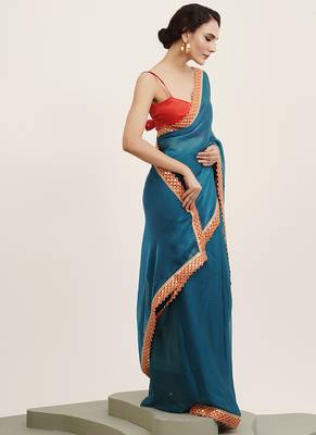 Teal partywear embellished sequinned chiffon saree 5
