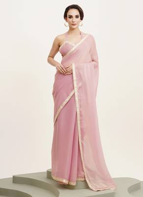 Pink partywear sequinned chiffon saree 1