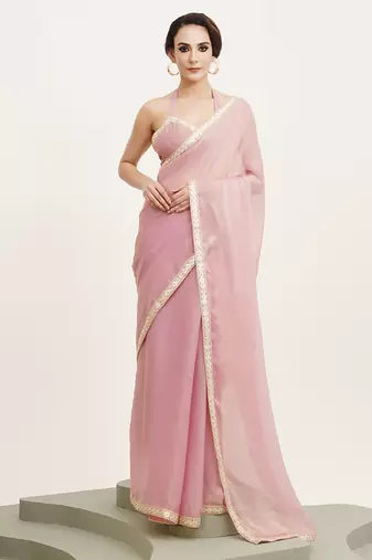 Pink color beautiful partywear sequinned chiffon saree