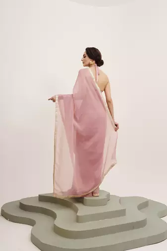 Pink partywear sequinned chiffon saree