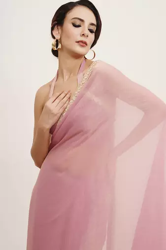 Pink partywear sequinned chiffon saree