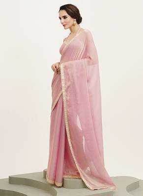 Pink partywear sequinned chiffon saree 4