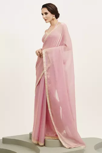Pink partywear sequinned chiffon saree