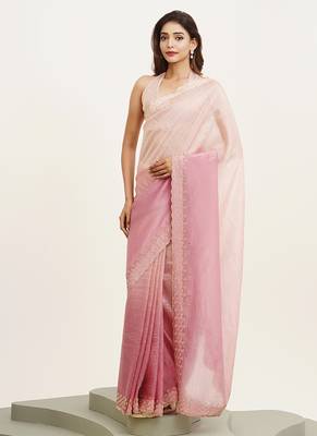 Pink partywear embellished beads and stones tissue saree 1