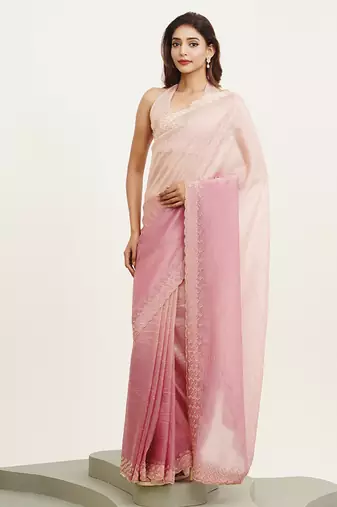 Pink color beautiful partywear embellished beads and stones tissue saree