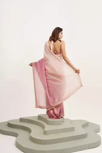 Pink partywear embellished beads and stones tissue saree