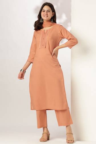 women's rust pure cotton solid straight kurta set