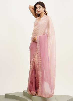 Pink partywear embellished beads and stones tissue saree 4