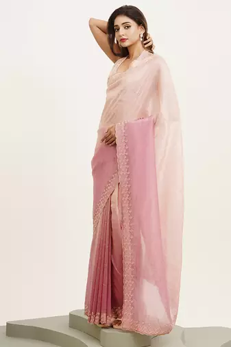 Pink partywear embellished beads and stones tissue saree