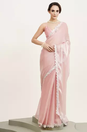 Pink color beautiful partywear embellished sequinned organza saree