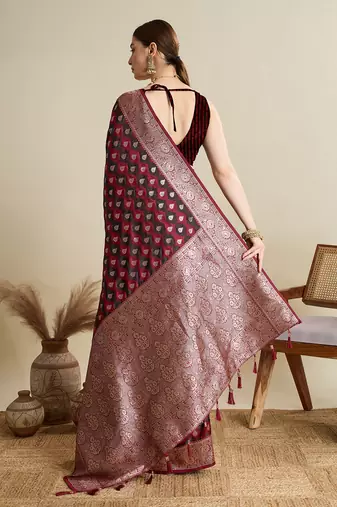 Maroon satin silk blend Zari Woven saree