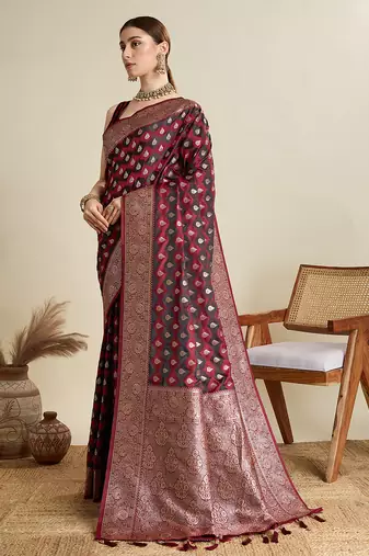 Maroon satin silk blend Zari Woven saree