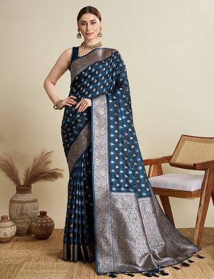 Teal blue satin silk blend wevon zari graceful ethnic saree 1