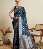 Teal blue color satin silk wevon jari graceful ethnic saree