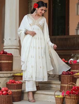 women's off white pure cotton embroidered a-line kurta set 1
