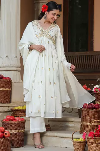 women's off white pure cotton embroidered a-line kurta set