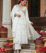 women's off white pure cotton embroidered a-line kurta set