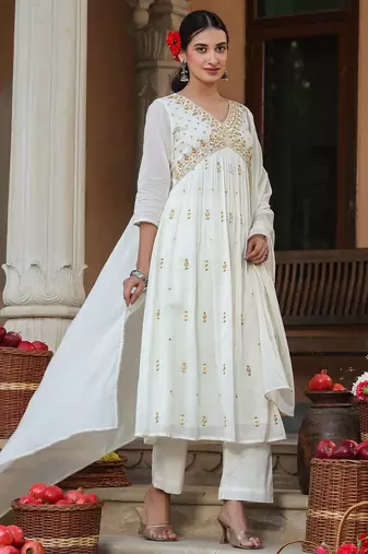 women's off white pure cotton embroidered a-line kurta set
